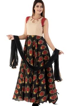 Printed Bhagalpuri Silk Abaya Style Suit in Black and Beige