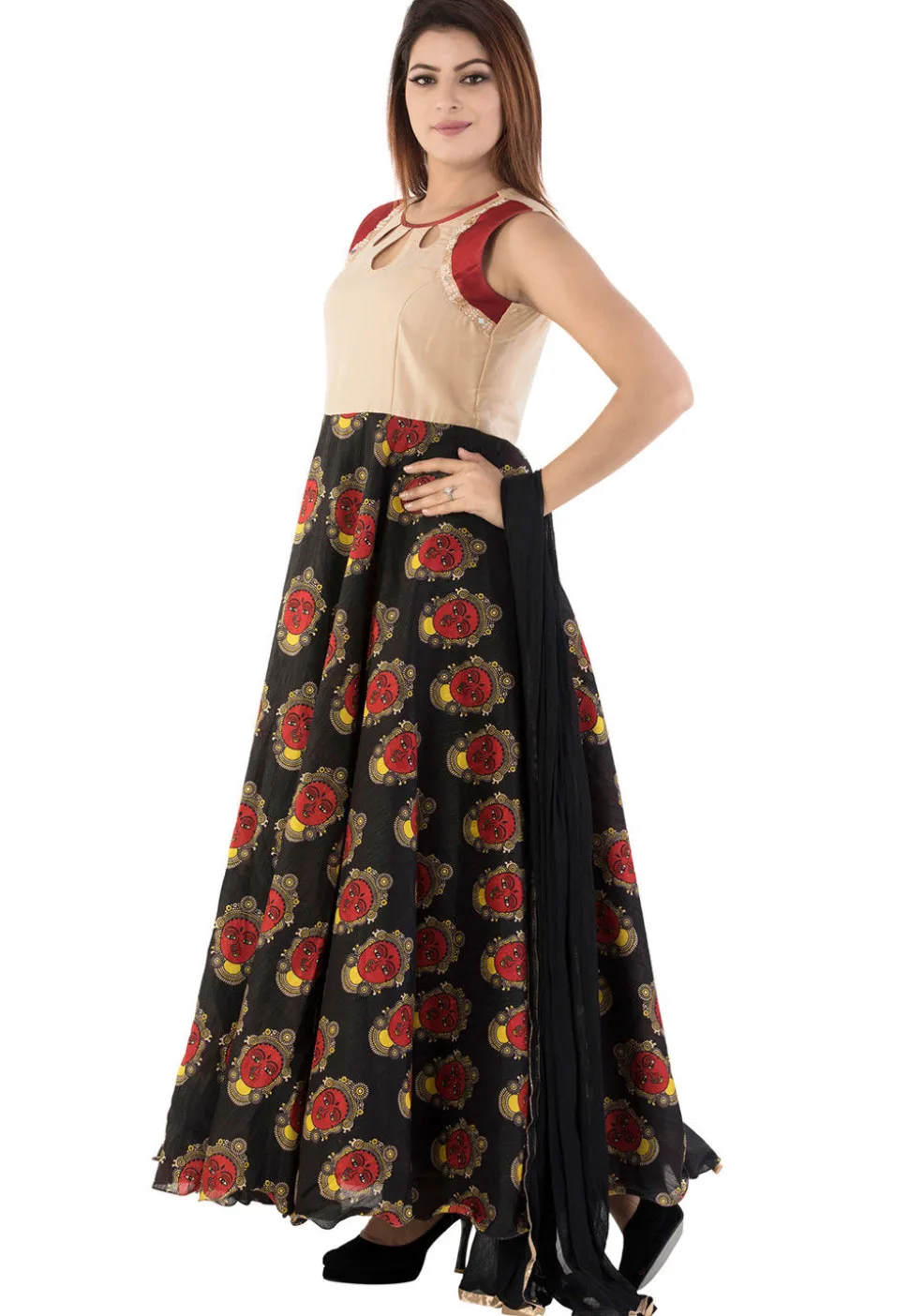 Printed Bhagalpuri Silk Abaya Style Suit in Black and Beige