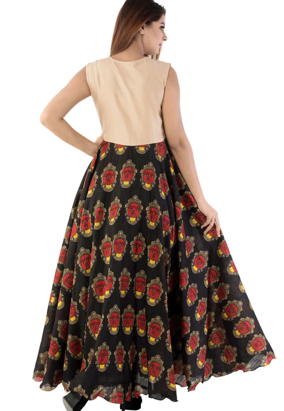 Printed Bhagalpuri Silk Abaya Style Suit in Black and Beige