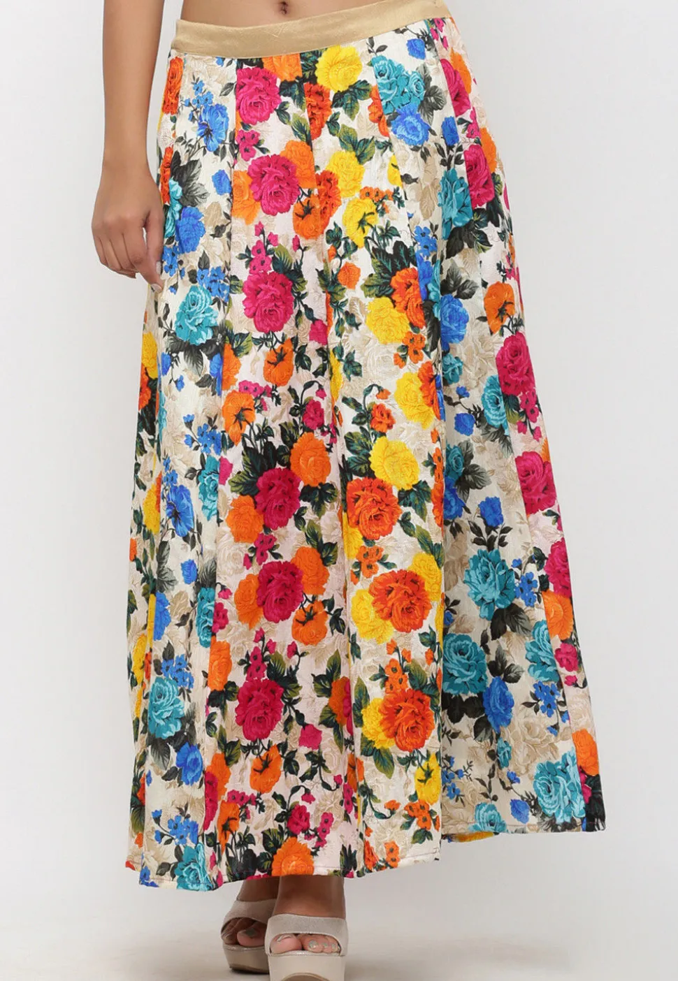 Printed Bhagalpuri Silk Long Skirt in Multicolor