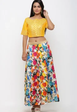 Printed Bhagalpuri Silk Long Skirt in Multicolor