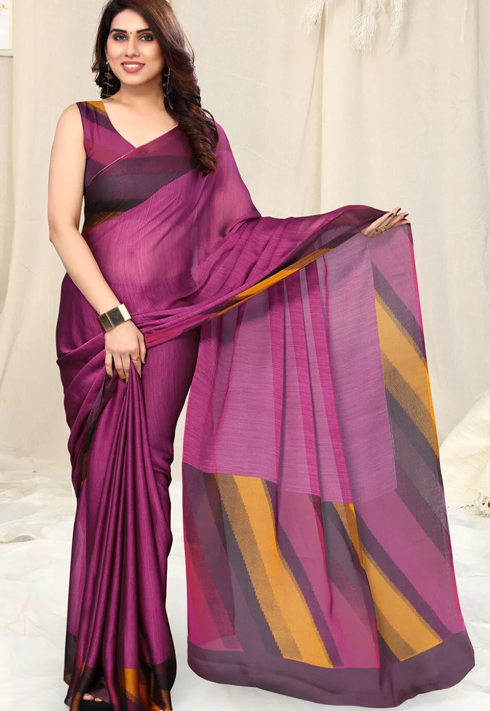 Printed Border Chiffon Saree in Magenta