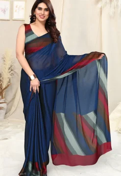 Printed Border Chiffon Saree in Blue