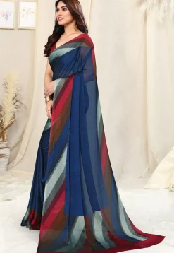 Printed Border Chiffon Saree in Blue