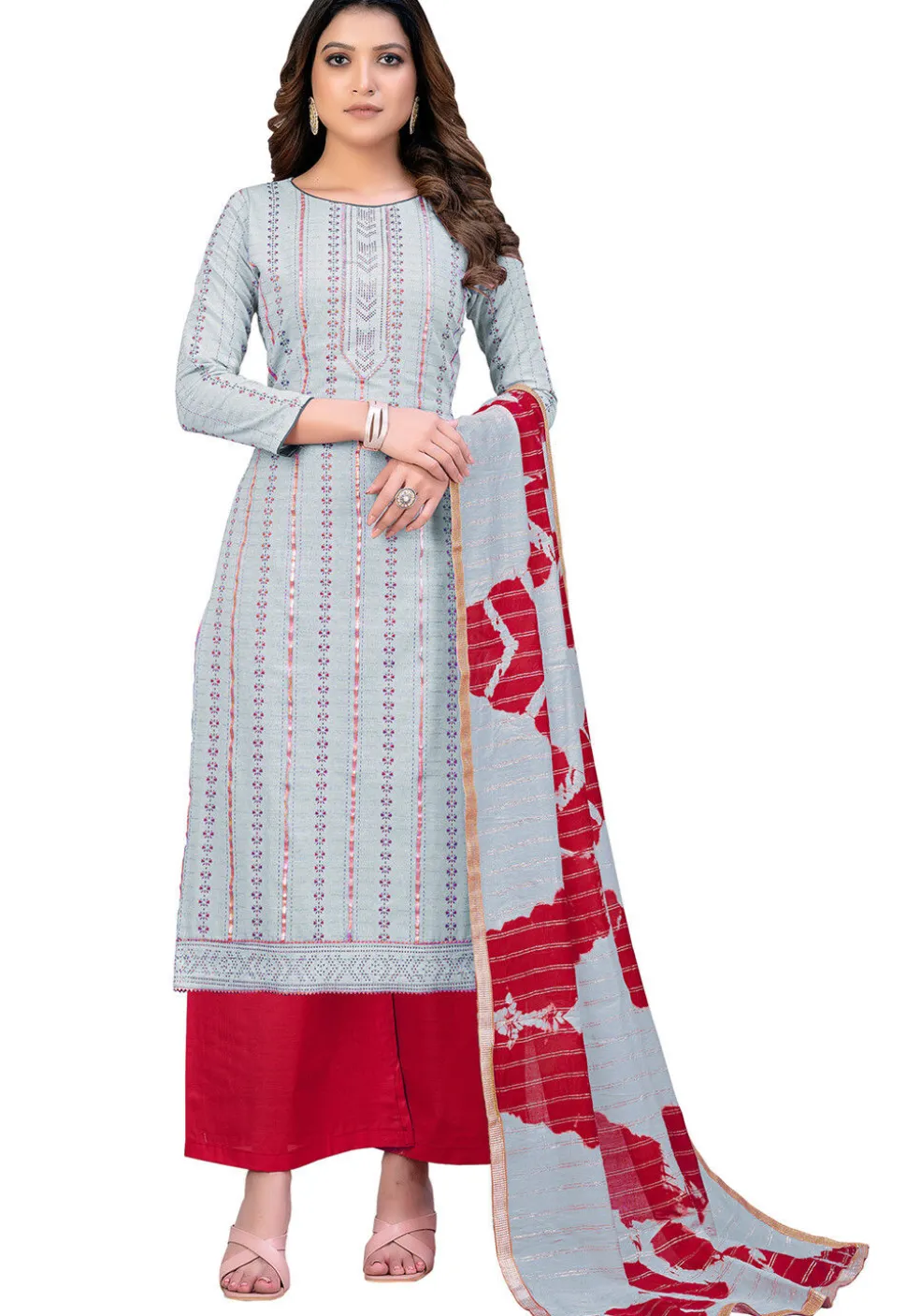 Printed Cambric Cotton Pakistani Suit in Grey
