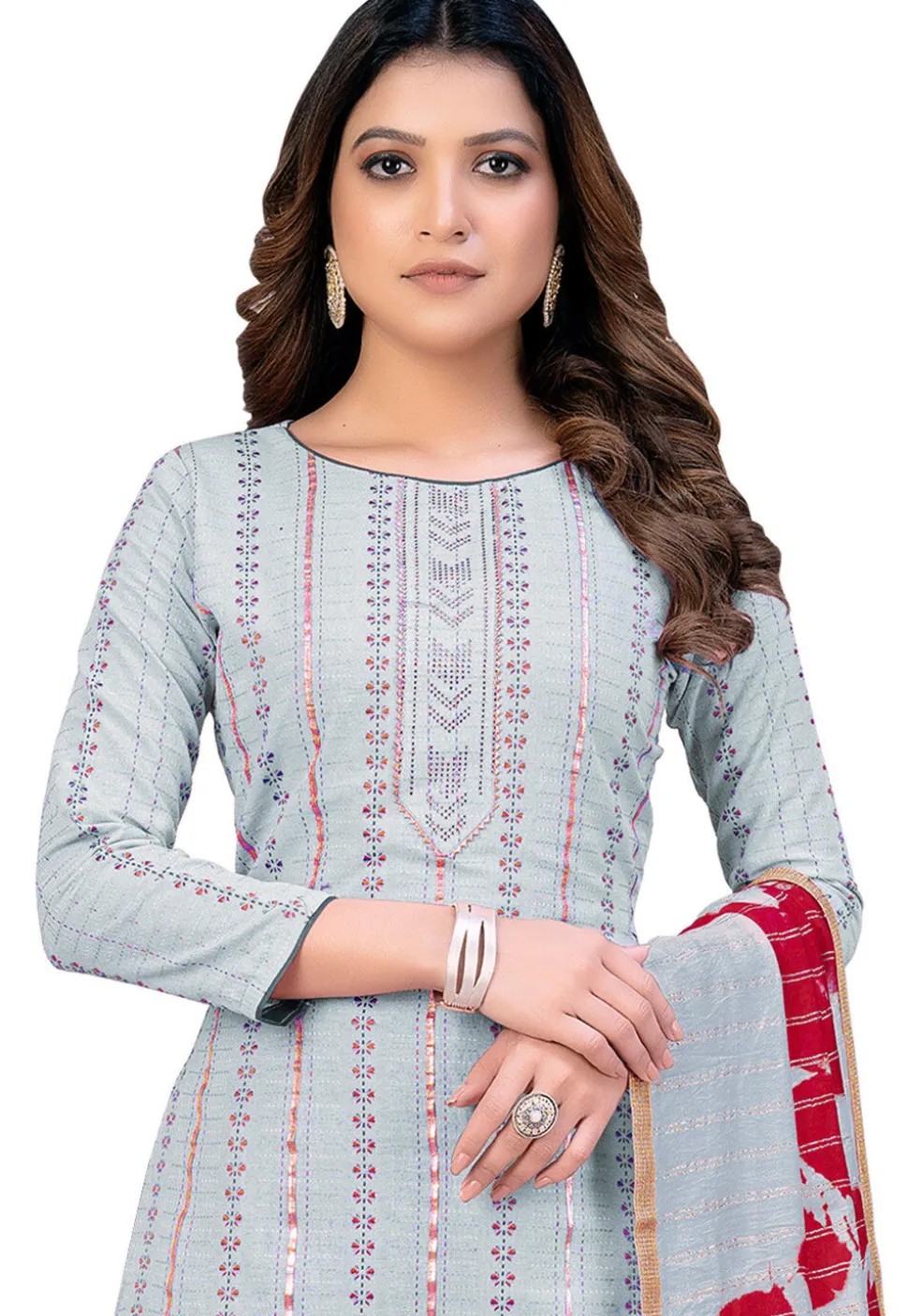 Printed Cambric Cotton Pakistani Suit in Grey