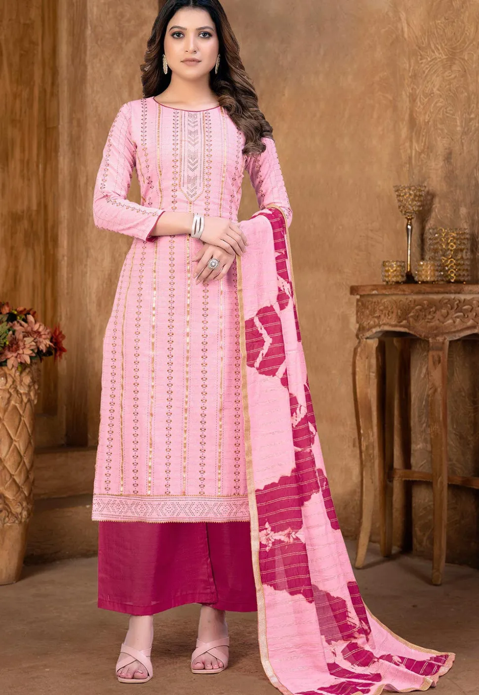 Printed Cambric Cotton Pakistani Suit in Pink