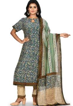 Printed Chanderi Cotton Pakistani Suit in Teal Blue