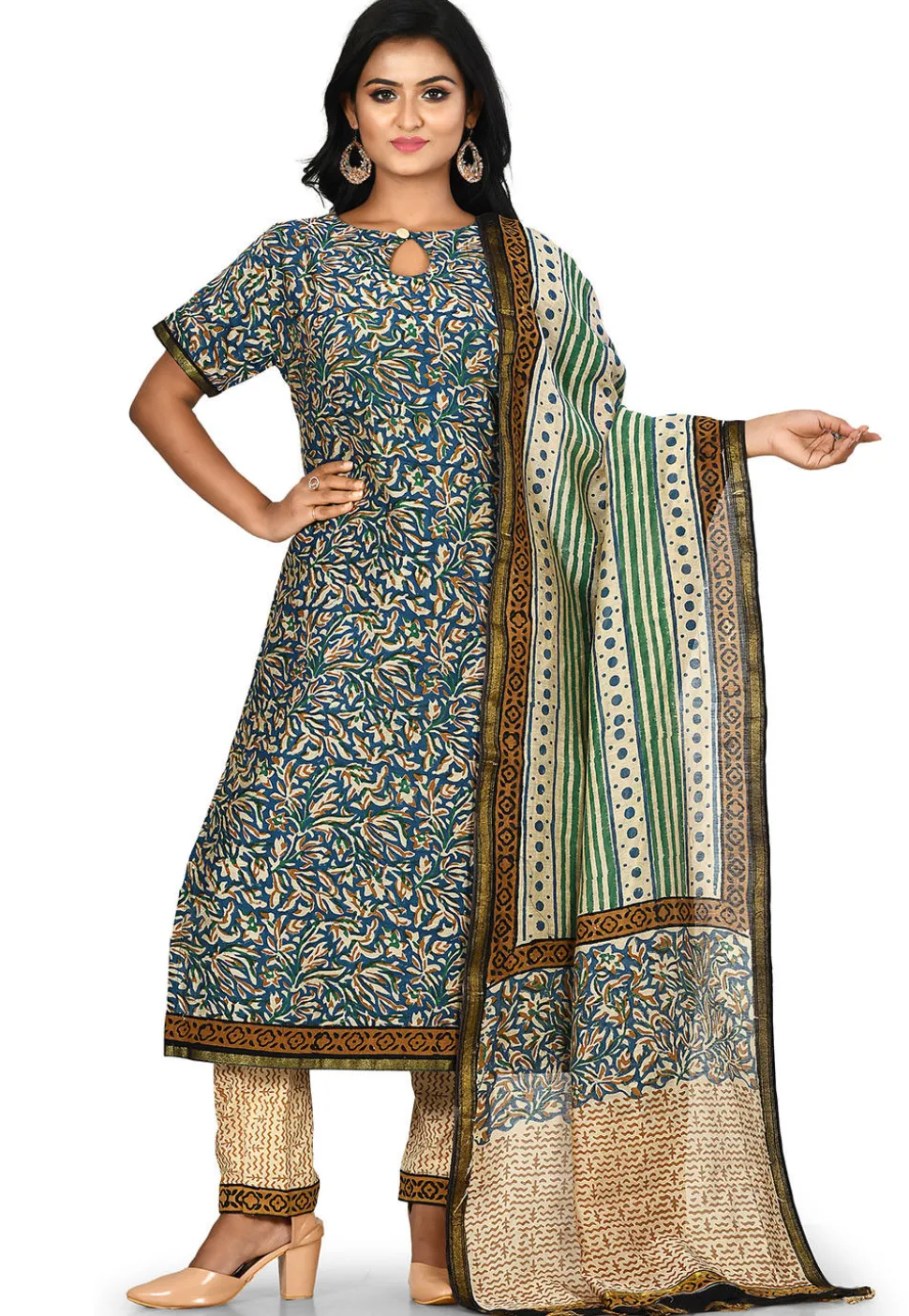 Printed Chanderi Cotton Pakistani Suit in Teal Blue