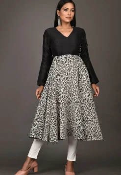 Printed Chanderi Silk A Line Kurta in White and Black