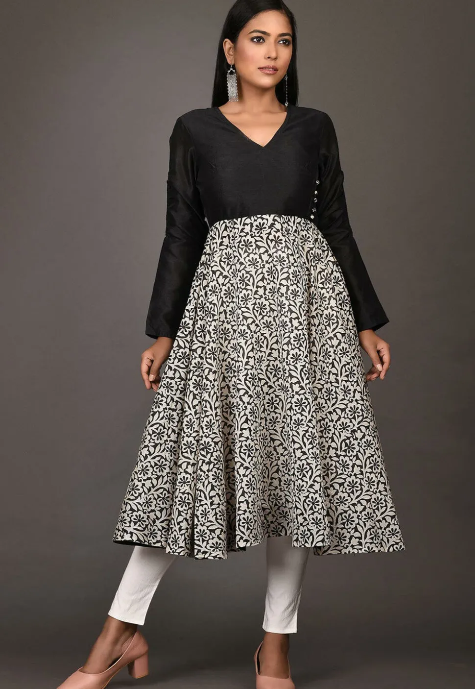 Printed Chanderi Silk A Line Kurta in White and Black