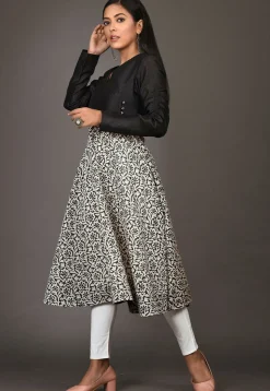 Printed Chanderi Silk A Line Kurta in White and Black