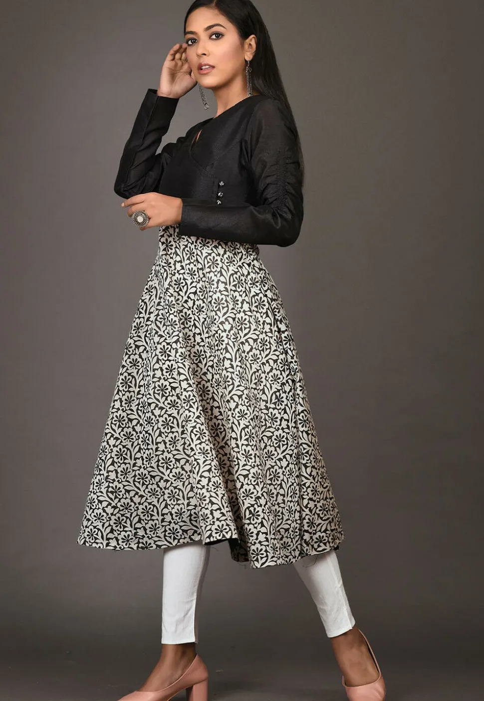 Printed Chanderi Silk A Line Kurta in White and Black