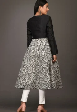 Printed Chanderi Silk A Line Kurta in White and Black