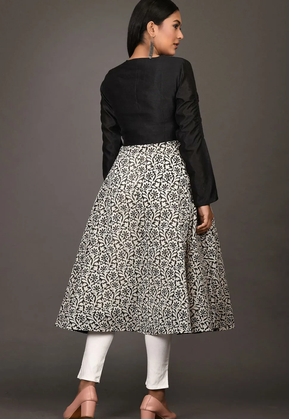 Printed Chanderi Silk A Line Kurta in White and Black