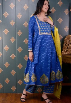 Printed Chanderi Silk Aline Suit in Royal Blue