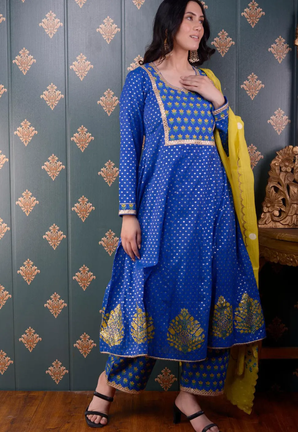 Printed Chanderi Silk Aline Suit in Royal Blue