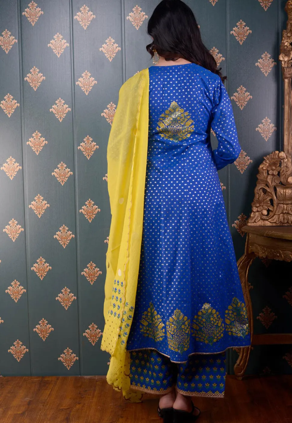 Printed Chanderi Silk Aline Suit in Royal Blue