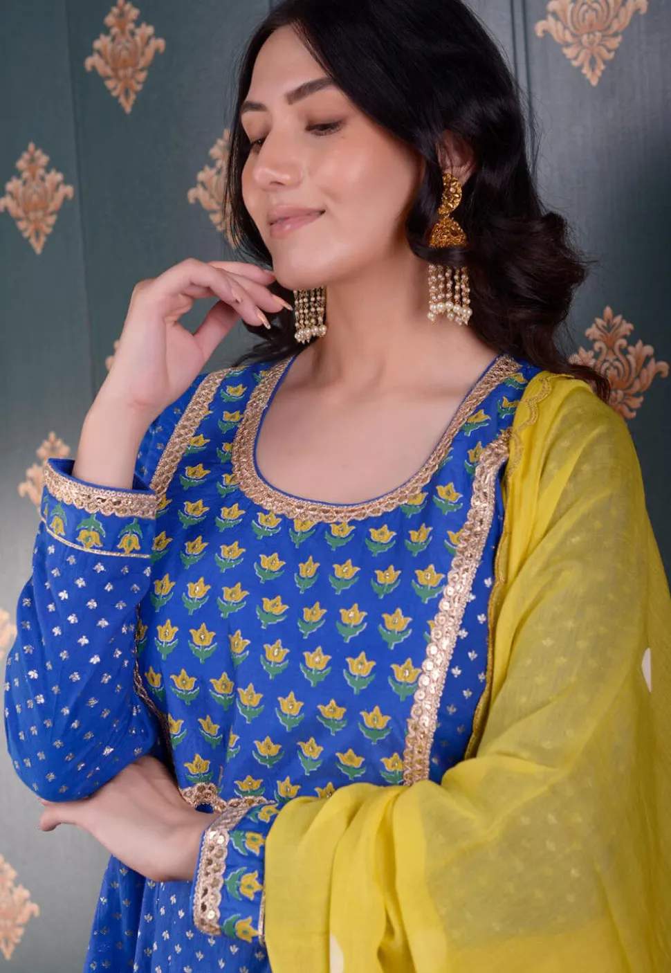 Printed Chanderi Silk Aline Suit in Royal Blue