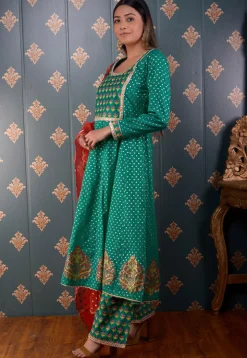 Printed Chanderi Silk Aline Suit in Teal Green