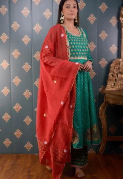 Printed Chanderi Silk Aline Suit in Teal Green