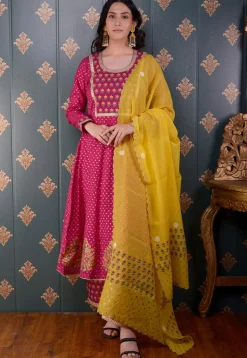 Printed Chanderi Silk Aline Suit in Fuchsia