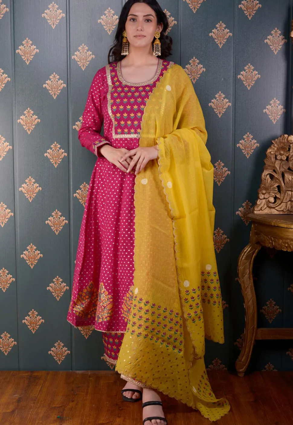 Printed Chanderi Silk Aline Suit in Fuchsia