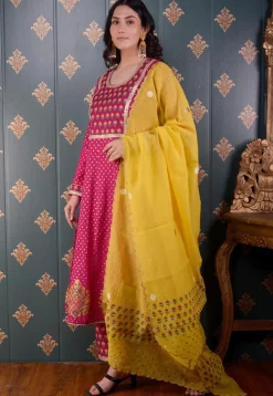 Printed Chanderi Silk Aline Suit in Fuchsia