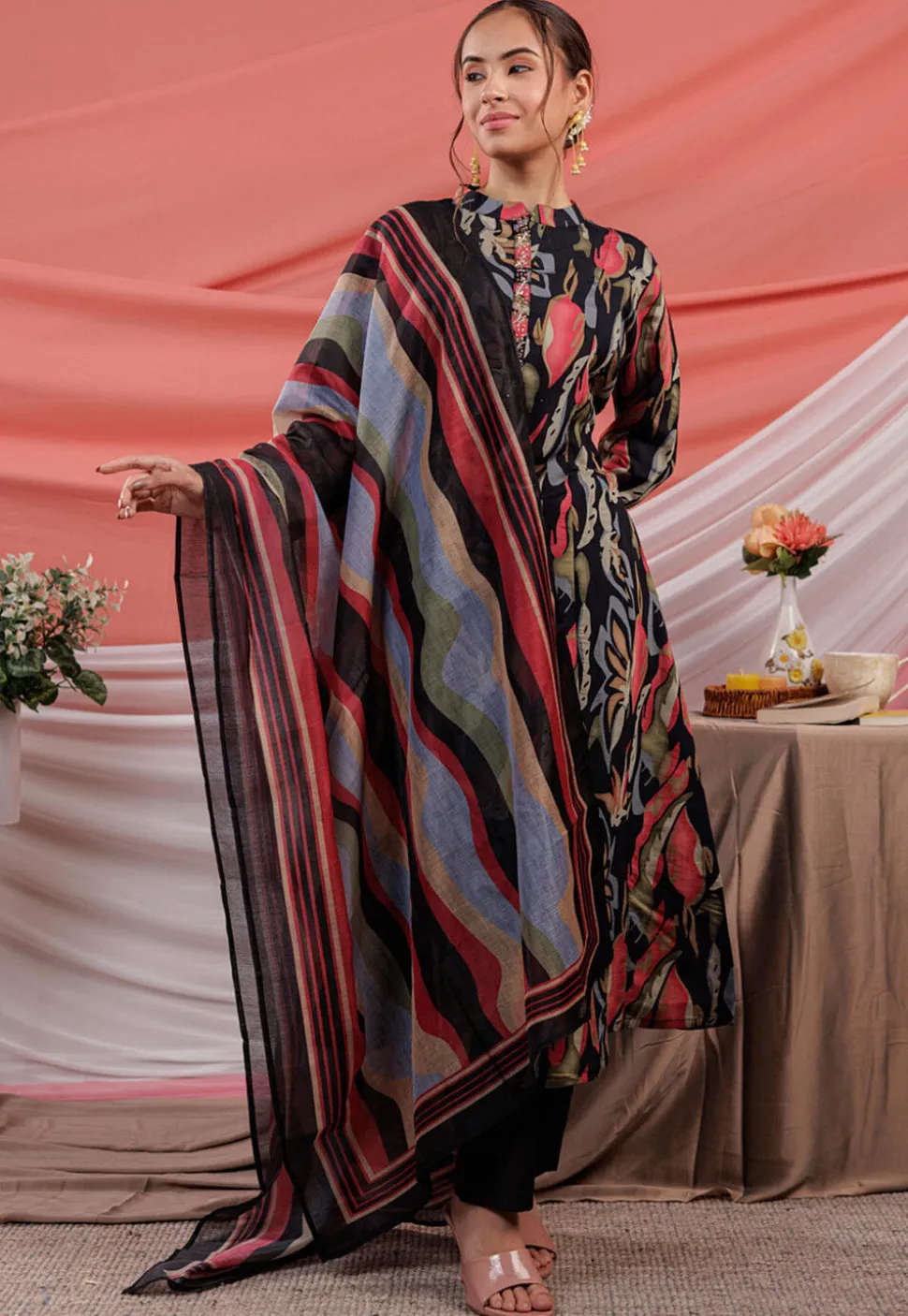 Printed Chanderi Silk Aline Suit in Black