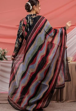 Printed Chanderi Silk Aline Suit in Black