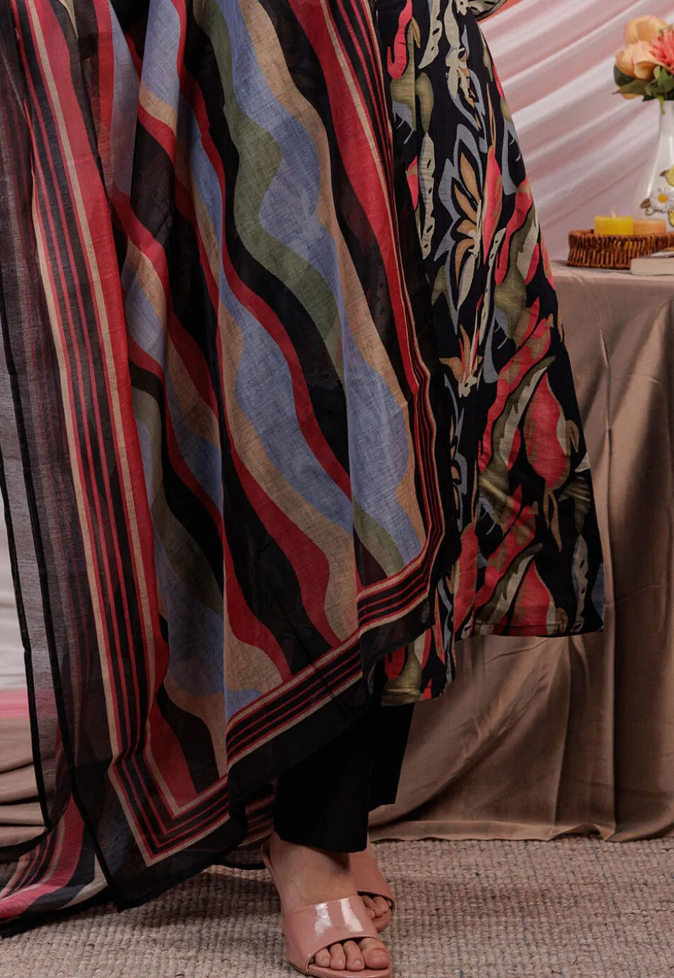 Printed Chanderi Silk Aline Suit in Black