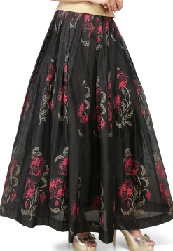 Printed Chanderi Silk Long Skirt in Black