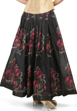 Printed Chanderi Silk Long Skirt in Black