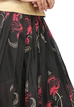 Printed Chanderi Silk Long Skirt in Black