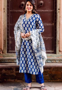 Printed Chanderi Silk Pakistani Suit in Royal Blue