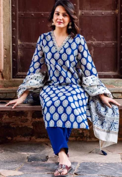 Printed Chanderi Silk Pakistani Suit in Royal Blue