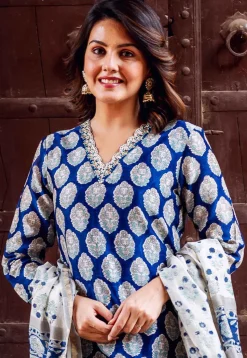 Printed Chanderi Silk Pakistani Suit in Royal Blue