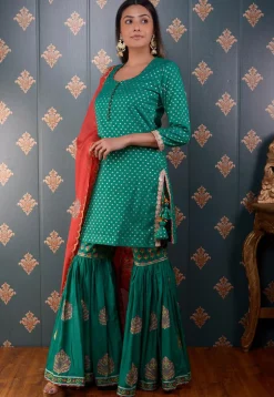 Printed Chanderi Silk Pakistani Suit in Teal Green