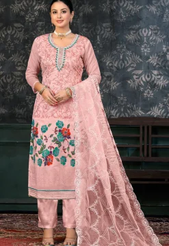 Printed Chanderi Silk Pakistani Suit in Pink