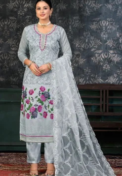 Printed Chanderi Silk Pakistani Suit in Grey
