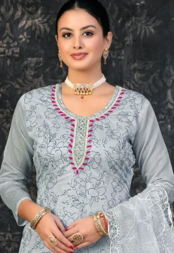 Printed Chanderi Silk Pakistani Suit in Grey
