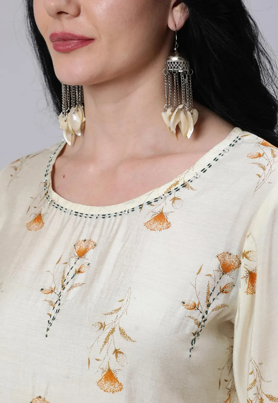 Printed Chanderi Silk Straight Kurti in Cream