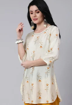 Printed Chanderi Silk Straight Kurti in Cream