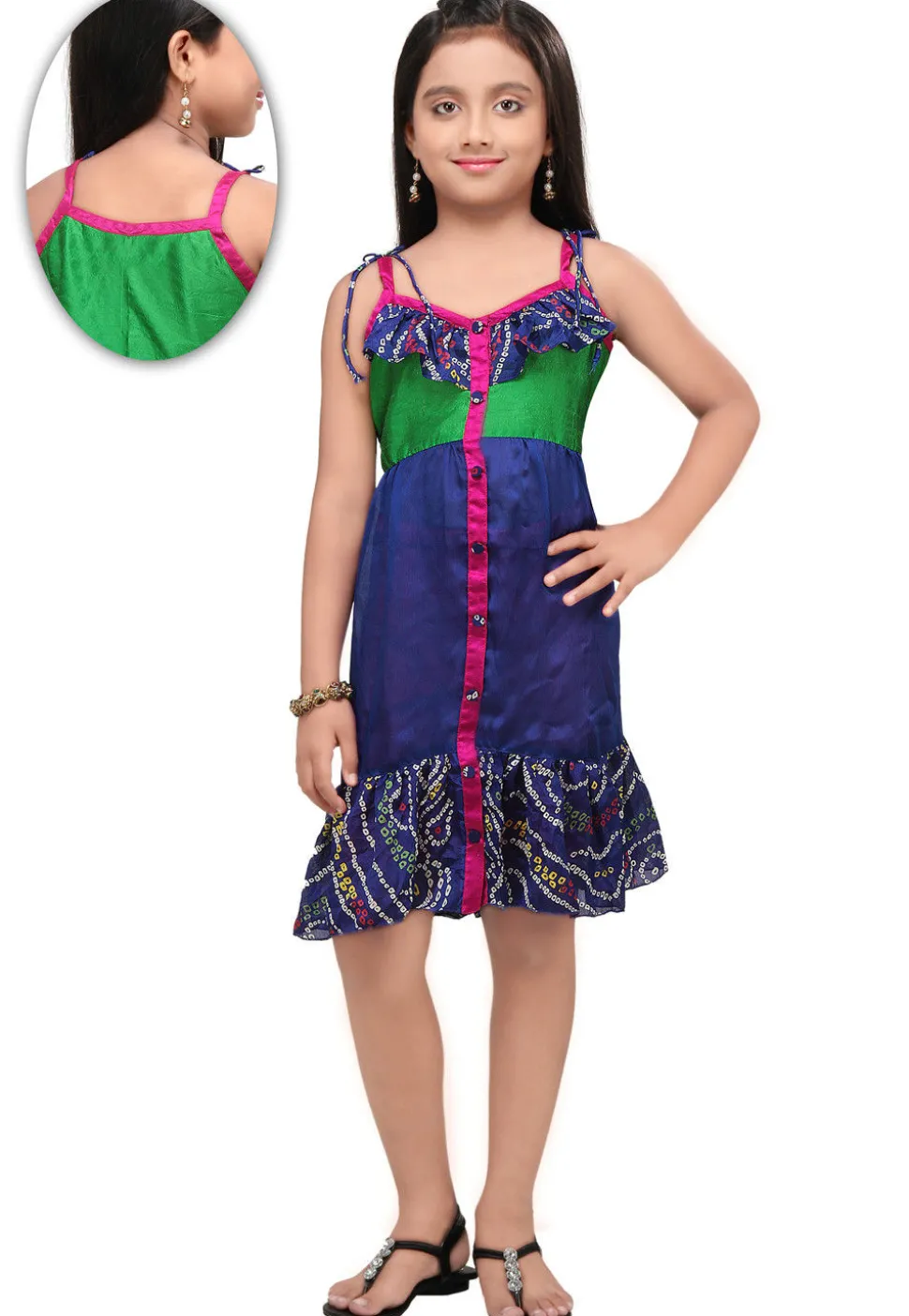 Printed Chiffon and Crepe Dress in Blue