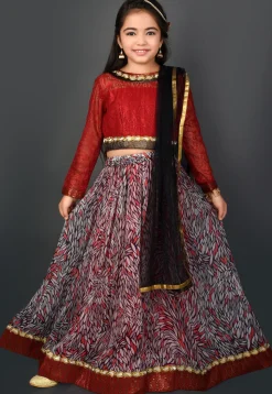 Printed Chiffon Lehenga in Multicolor and Maroon
