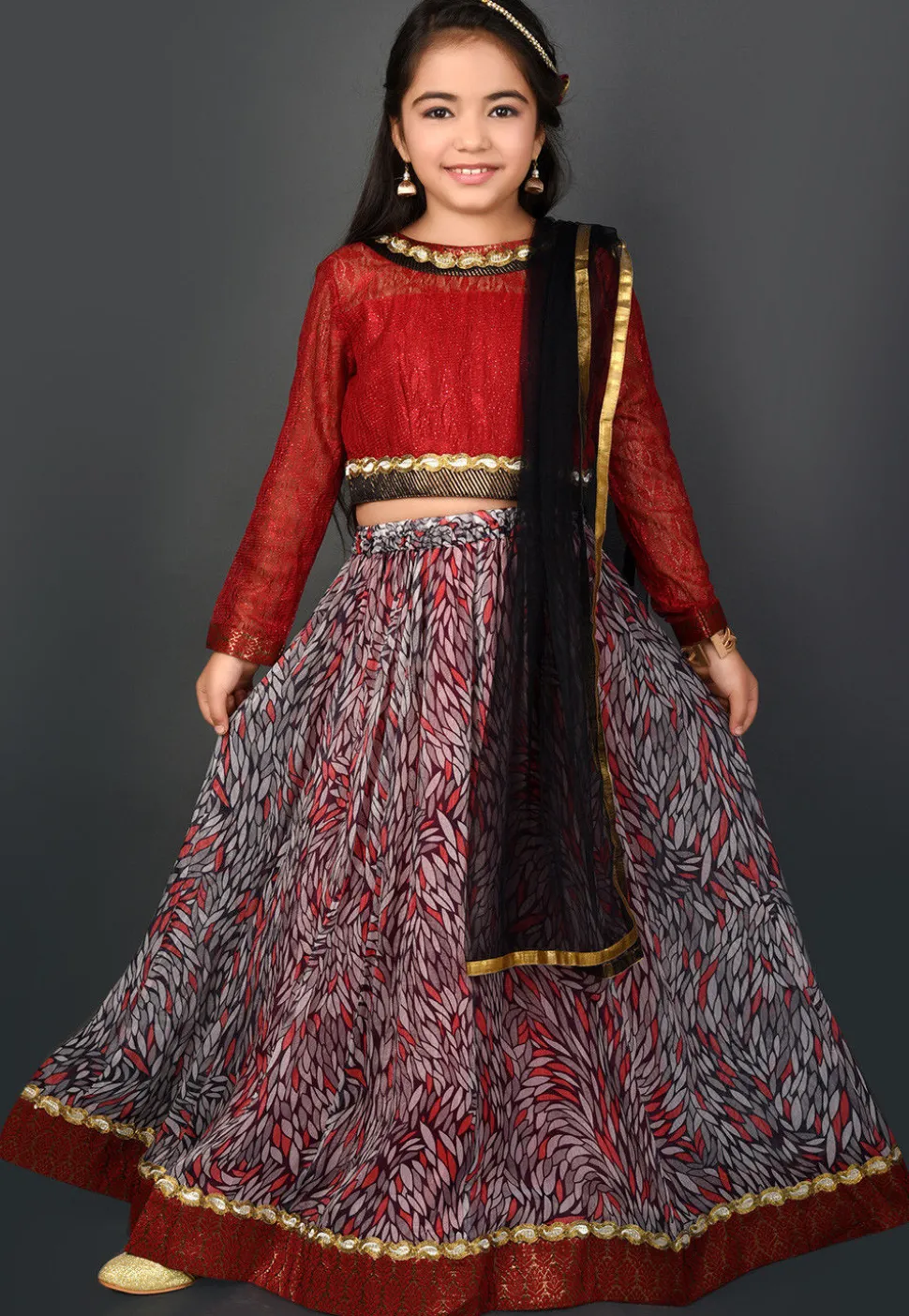 Printed Chiffon Lehenga in Multicolor and Maroon