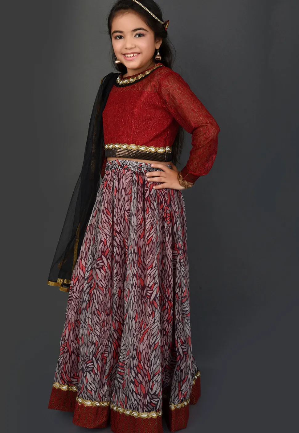 Printed Chiffon Lehenga in Multicolor and Maroon