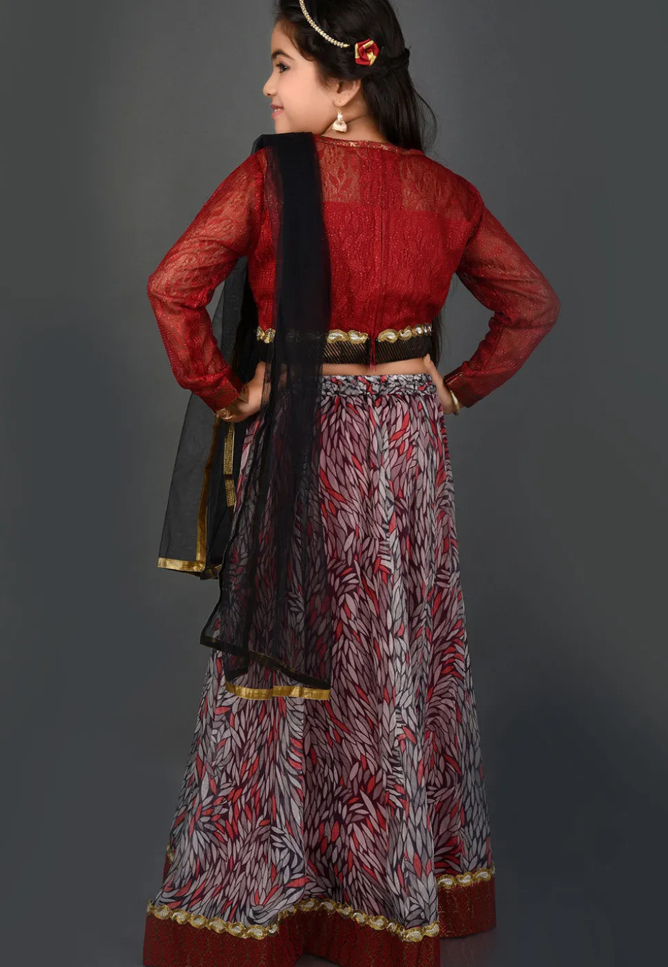 Printed Chiffon Lehenga in Multicolor and Maroon