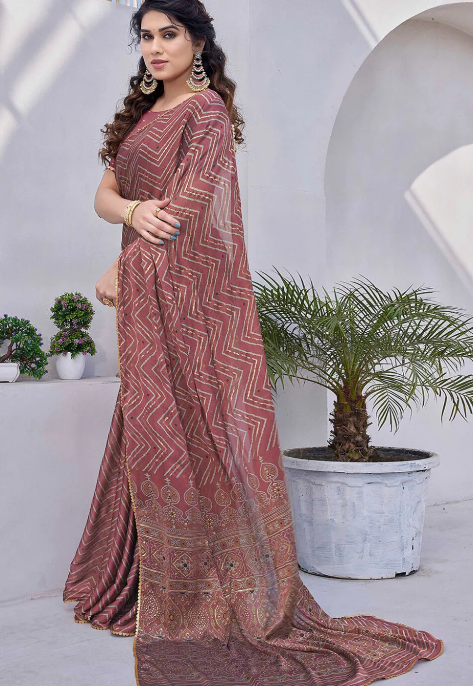 Printed Chiffon Saree in Old Rose