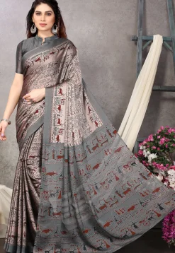 Printed Chiffon Saree in Old Rose and Grey